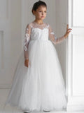 White Tulle Appliques Long Sleeve For Wedding Birthday Prom Banquet Holy Communion Gowns Customized Flower Girl Dresses