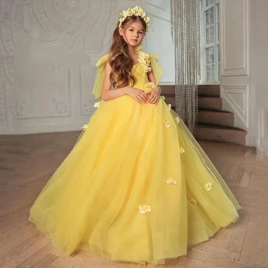 Vestido elegante de tul sin mangas para niña, para cumpleaños, fiesta de comunión, con apliques florales 3D, para boda 