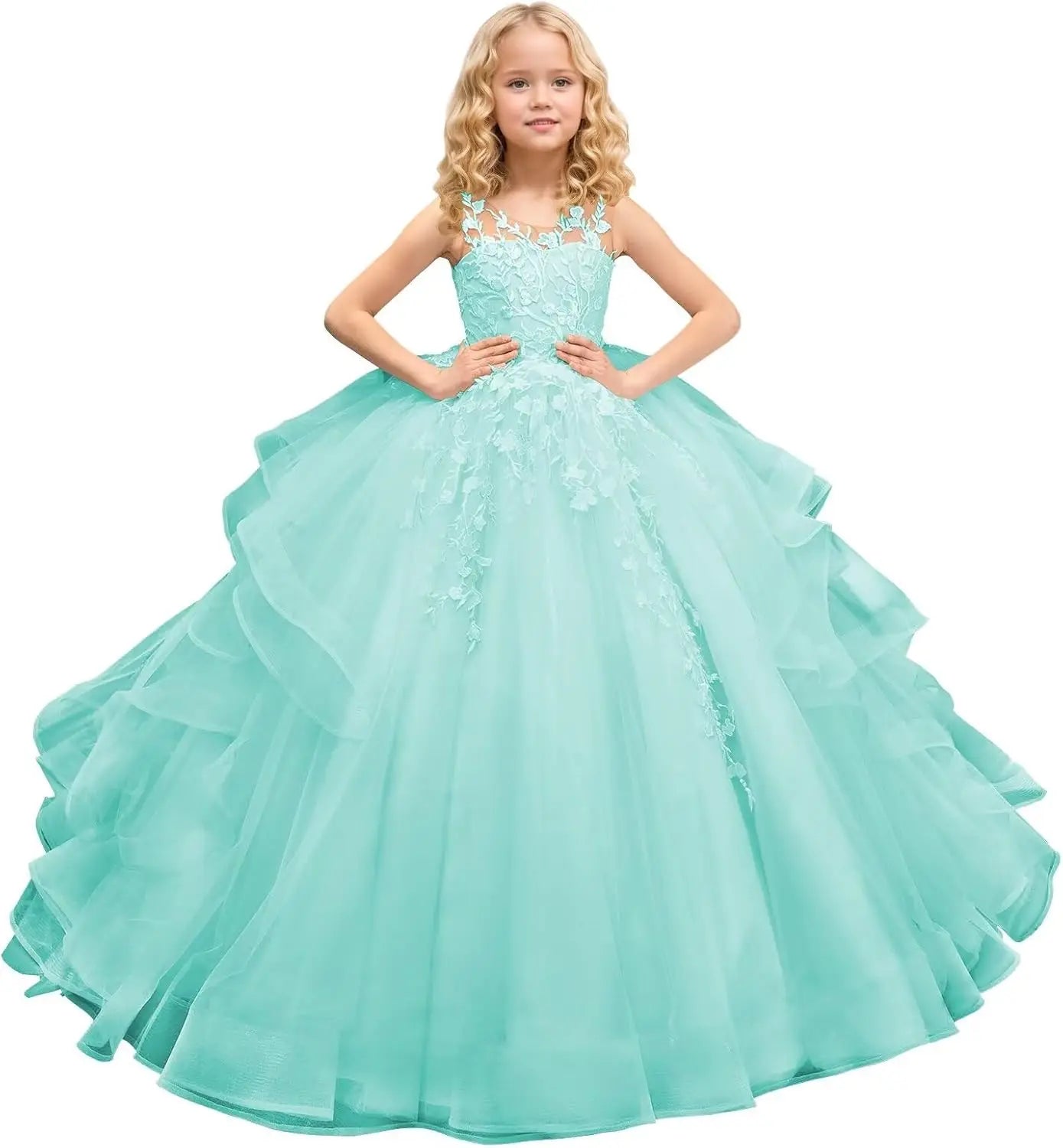 Tüll Prinzessin Ärmellose Festzugskleider Lange Spitze Applique Blumenmädchen Kleid Kinder Geburtstagsparty Ballkleid Festzugskleider 