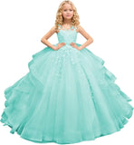 Tüll Prinzessin Ärmellose Festzugskleider Lange Spitze Applique Blumenmädchen Kleid Kinder Geburtstagsparty Ballkleid Festzugskleider 
