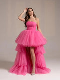 High Low Tüll Ballkleider Lange trägerlose gestufte Abendkleider A-Linie Abendkleid mit Schleppe Partykleider Damen Abend 