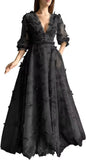 Damen Ballkleid mit Puffärmeln, 3D-Schmetterling, langer V-Ausschnitt, Tüll, Ballkleid, formelles Abendkleid 