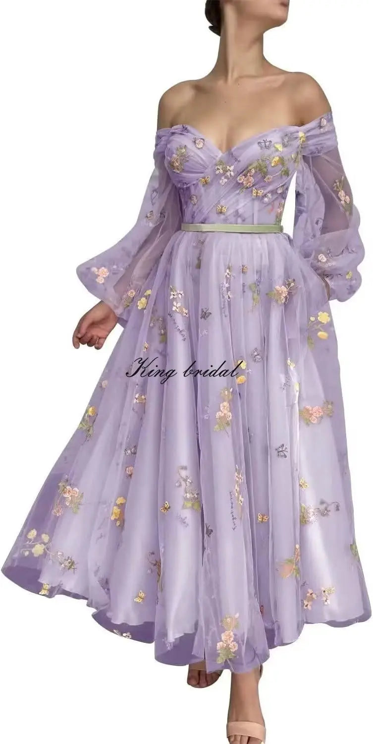 Bridesmaid Dress Long Sleeve Flower Embroidery Lace Tulle Prom Dresses for Women A Line Fairy Maxi Formal Evening Party Gowns