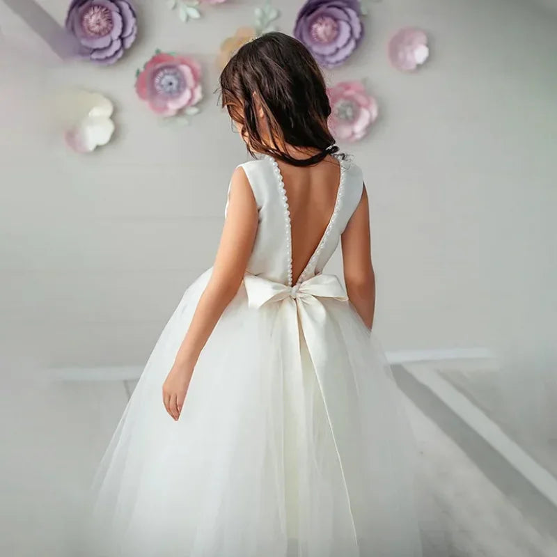 Vestidos de tul blanco satinado con escote de perla y lazo, sin mangas, para bodas, cumpleaños, fiestas, primera comunión, niñas de las flores 