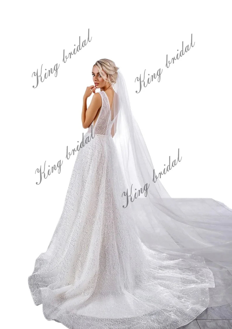 Vestido de novia de encaje con lentejuelas y espalda descubierta, escote en V profundo, tul bordado con cristales y perlas, vestido de novia personalizado 