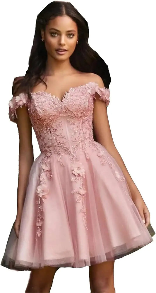 Vestidos de fiesta de tul con hombros descubiertos 2025, vestidos de fiesta cortos de encaje estilo princesa, vestidos de graduación 