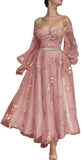 Bridesmaid Dress Long Sleeve Flower Embroidery Lace Tulle Prom Dresses for Women A Line Fairy Maxi Formal Evening Party Gowns