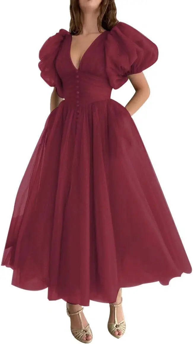 Puffy Sleeve Prom Dresses for Women Dotted Tulle V Neck Formal Evening Party Gowns Tea Length Bridesmaid Dresses