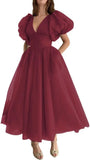Puffy Sleeve Prom Dresses for Women Dotted Tulle V Neck Formal Evening Party Gowns Tea Length Bridesmaid Dresses