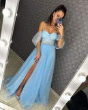 Sparkling Evening Dress with Sweetheart Corset Off-Shoulder Sleeves A-Line Skirt with High Slit Customizable Colors Glitter Gown