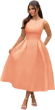 Vestidos de fiesta de satén con cuello barco y midi, largos hasta la rodilla, espalda escotada, corte en A, vestidos formales de noche para fiesta, vestido de cóctel y fiesta 