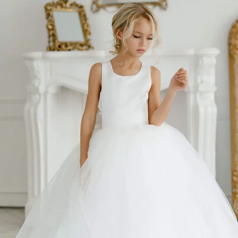 Vestidos de primera comunión para banquete de cumpleaños, personalizados, de tul blanco con capas y lazo, sin mangas, para boda 