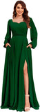 Damen Langarm Brautjungfernkleider mit Taschen Split Plissee Chiffon Formales Abendkleid Partykleid formelles Kleid Frauen elegant 