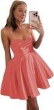 Spaghetti Straps Satin Homecoming Dresses for Women Short Halter Formal Prom Dresses with Pockets Graduation Mini Dress