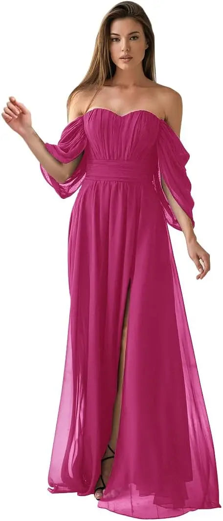Vestido de dama de honor de talla grande con hombros descubiertos, de gasa, formal, con abertura, elegante, para invitada de boda 