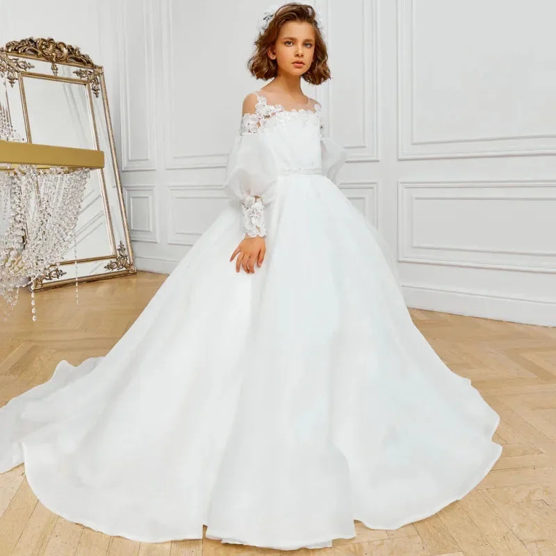 With Bow Long Sleeve For Wedding Birthday Evening Banquet Holy Communion Gowns Customized Flower Girl Dresses White Flowers