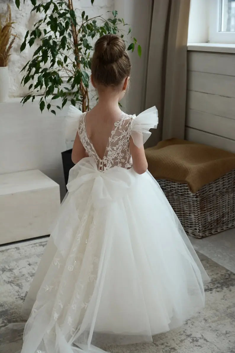 Elfenbeinfarbenes Blumenmädchenkleid, Ballkleid für Kleinkinder, Tutu, Erstkommunionkleider für Kinder, Festzugskleider für Mädchen, Prinzessinnen-Applikationen 