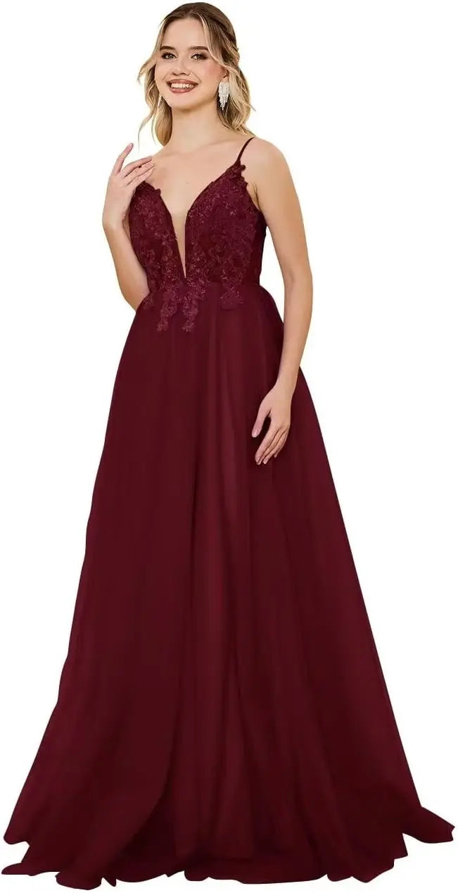 Vestidos de fiesta de tul con escote en V profundo para mujer, tirantes finos, apliques de encaje, vestidos de noche largos de corte A 