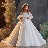 Apliques de satén blanco con cuentas de pedrería, lazo grande, manga larga para bodas, cumpleaños, banquetes, vestidos de princesa, vestidos de niña de las flores 
