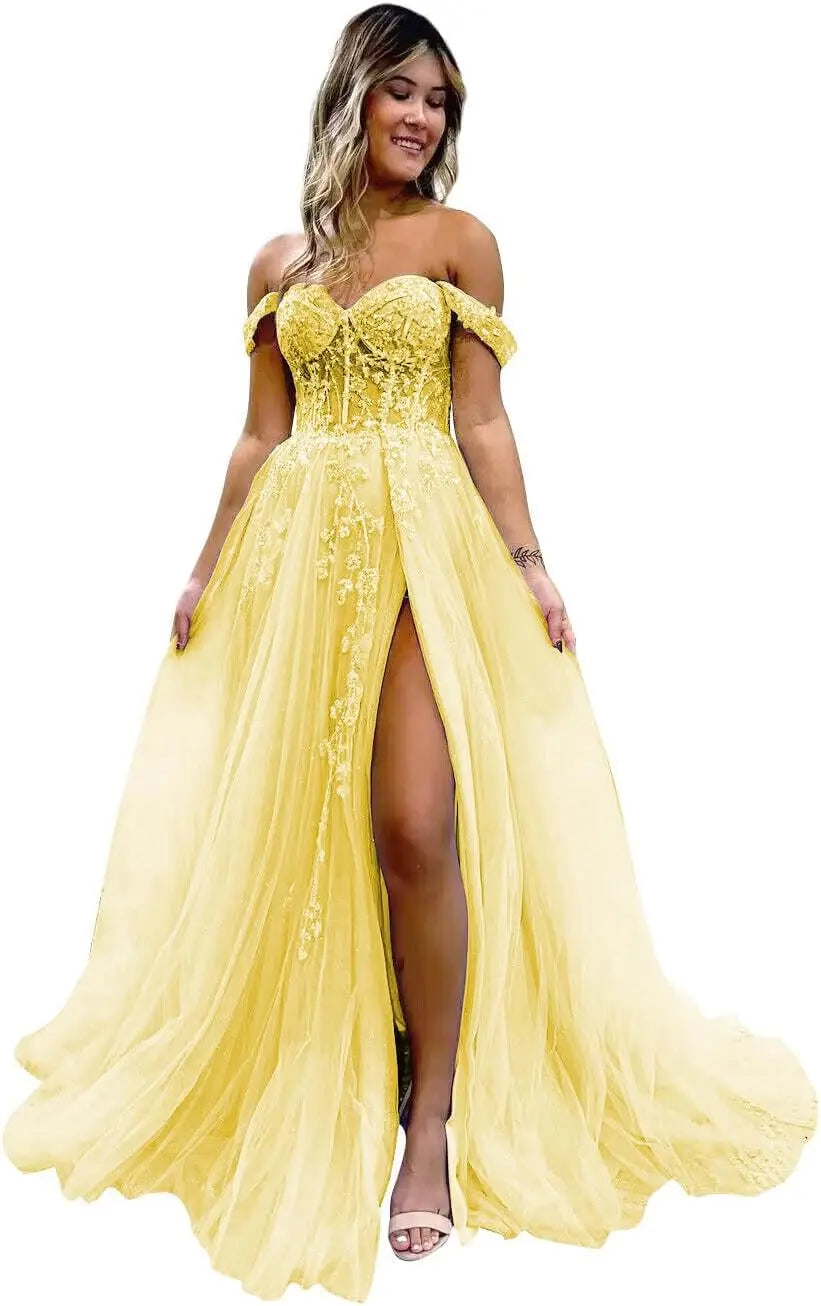 Vestido de fiesta de tul con hombros descubiertos, abertura, apliques de encaje brillante, corsé, vestido formal de fiesta de noche, vestidos de fiesta para mujer, noche 