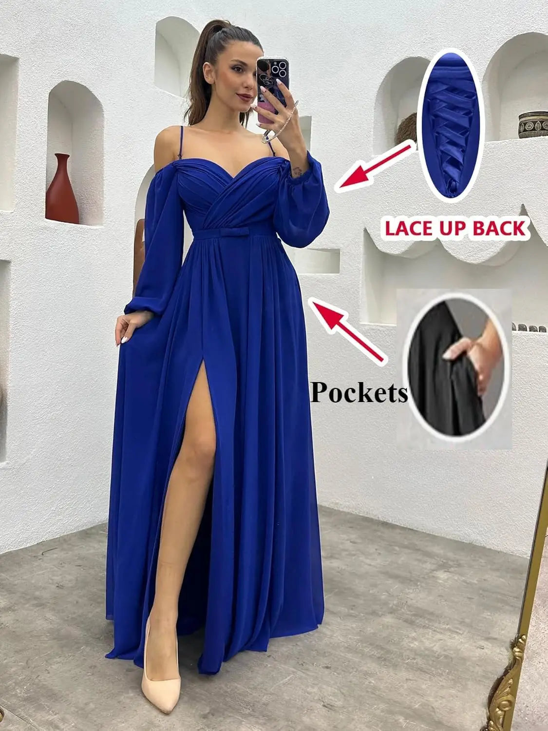 Vestido de dama de honor de manga larga para mujer, con tirantes finos, para invitada de boda, con abertura y bolsillos, vestido formal fruncido. 