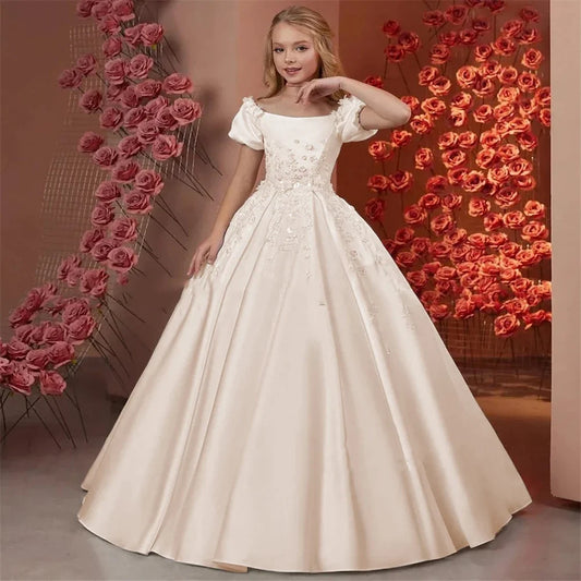 Floor Length Girl Kids Birthday Party First Holy Communion Gown 2026 Elegant Flower Girl Dresses for Wedding Satin Beaded Floral