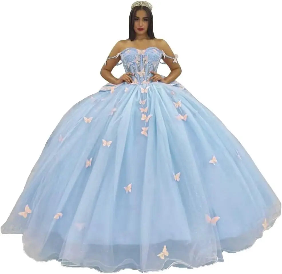 3D Butterfly Quinceanera Dress with Bow Train Spaghetti Strap Sweet 15 16 Ball Gowns Sparkly Vestido De 15 Años