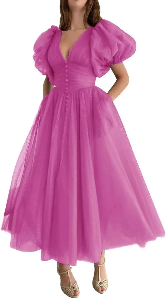 Puffy Sleeve Prom Dresses for Women Dotted Tulle V Neck Formal Evening Party Gowns Tea Length Bridesmaid Dresses