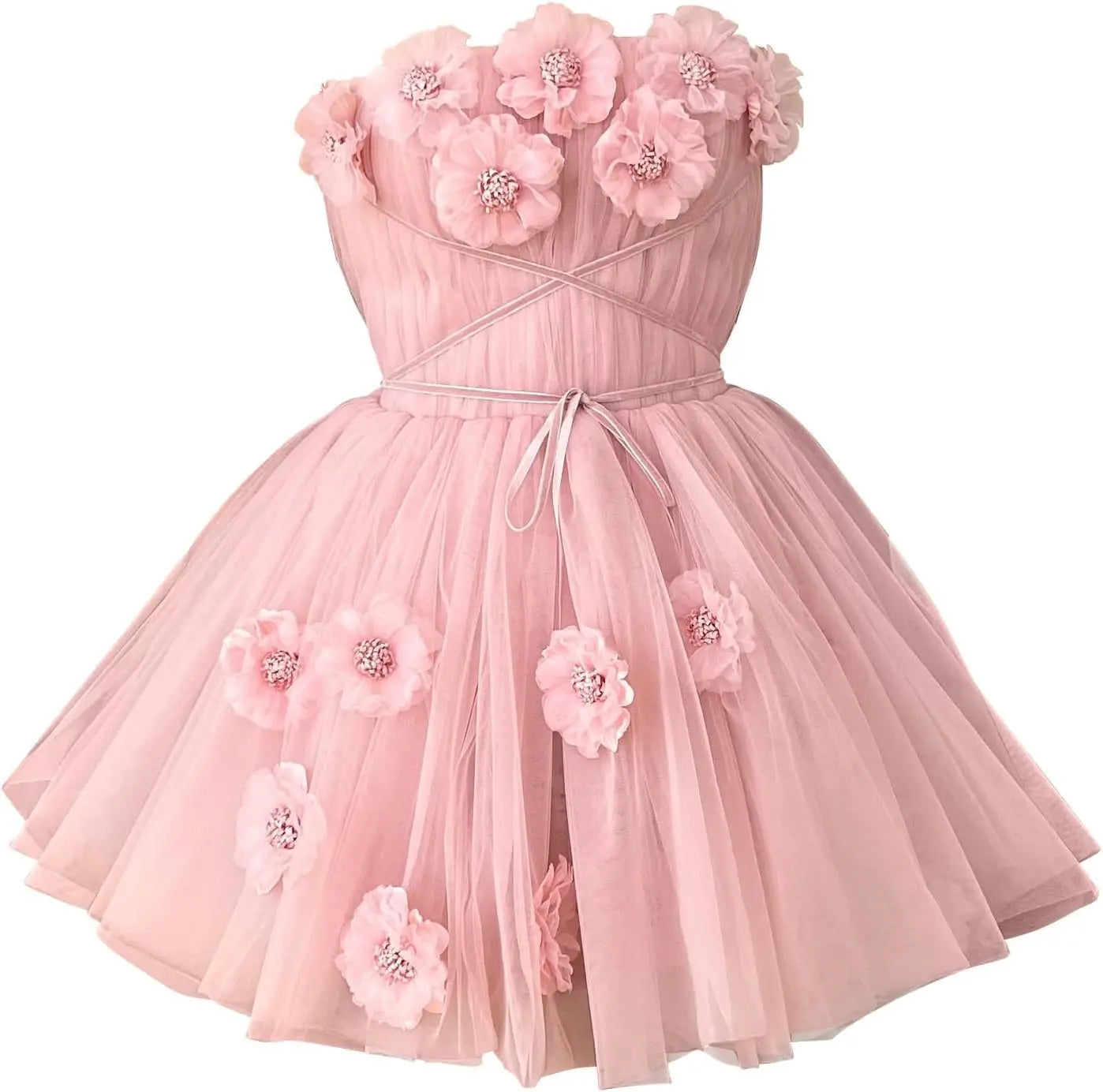 Short Strapless Tulle Cocktail Dress Floral A-Line Homecoming Gown for Teens Customizable Party Gown prom dresses  mini dress