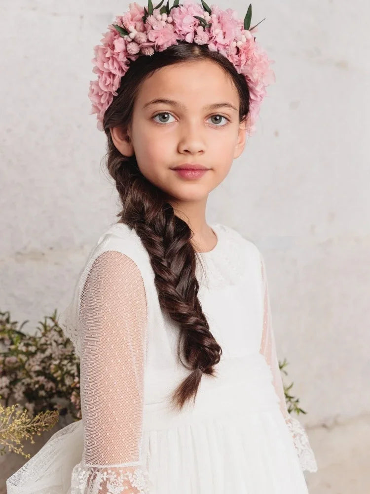 Vestidos de princesa con lazo blanco y media manga para bodas, cumpleaños, comuniones, banquetes, vestidos de niña de las flores con apliques de encaje blanco. 