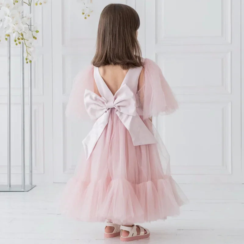 Vestido de princesa de tul rosa con lazo y manga corta para bodas, fiestas de cumpleaños, banquetes, vestidos de princesa, vestidos de niña de las flores 