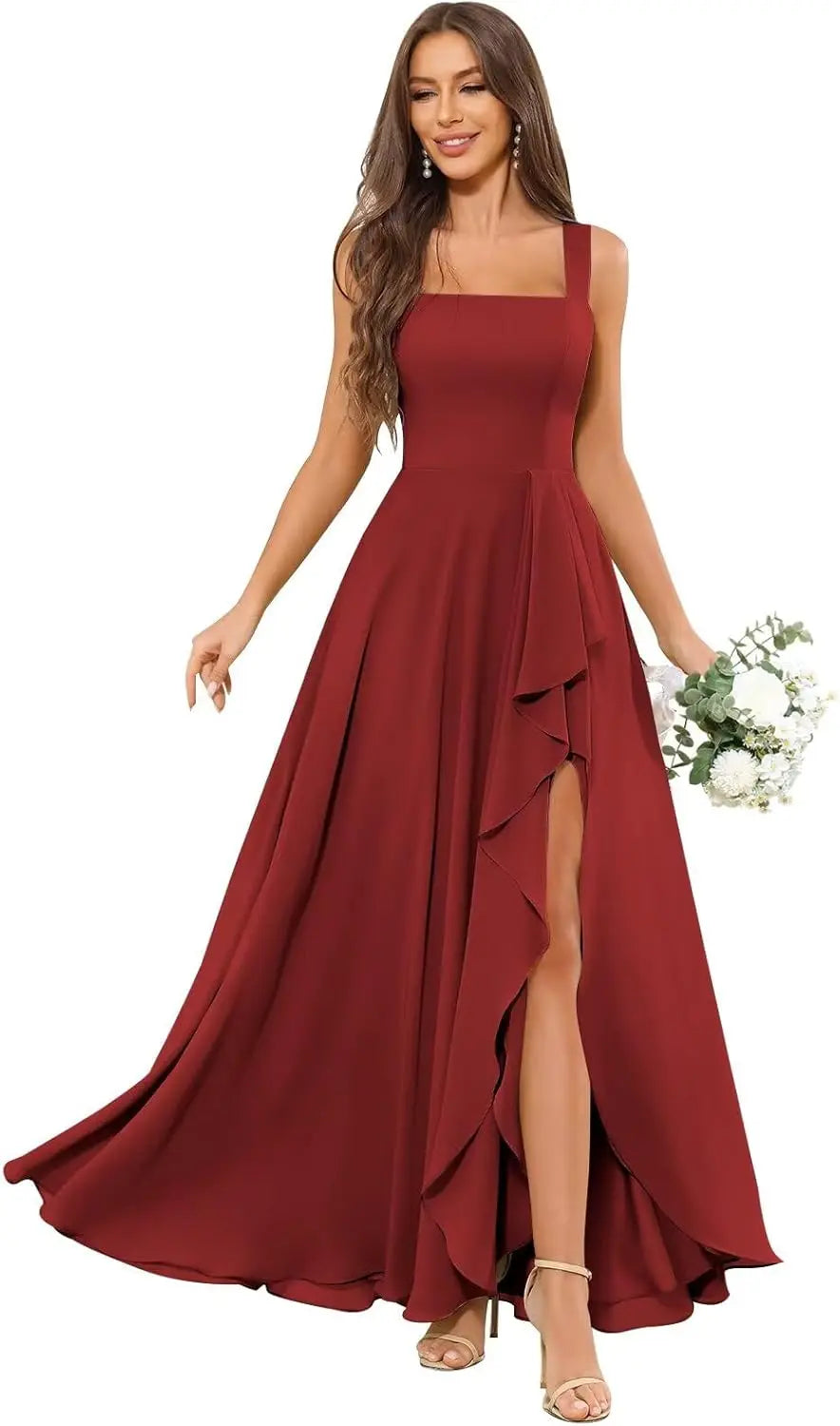Chiffon Ruffle Bridesmaid Dresses for Women Square Neck Formal Evening Dress with Slit elegant dress women for wedding party