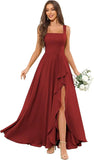 Chiffon Ruffle Bridesmaid Dresses for Women Square Neck Formal Evening Dress with Slit elegant dress women for wedding party
