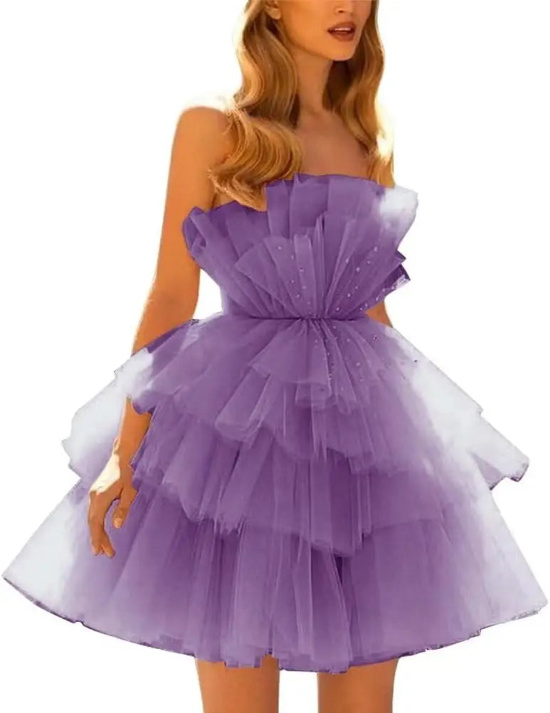 Vestidos de fiesta de tul con hombros descubiertos, abullonados, cortos, sin tirantes, de malla, con volantes, formales, para cóctel o gala 