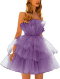 Vestidos de fiesta de tul con hombros descubiertos, abullonados, cortos, sin tirantes, de malla, con volantes, formales, para cóctel o gala 
