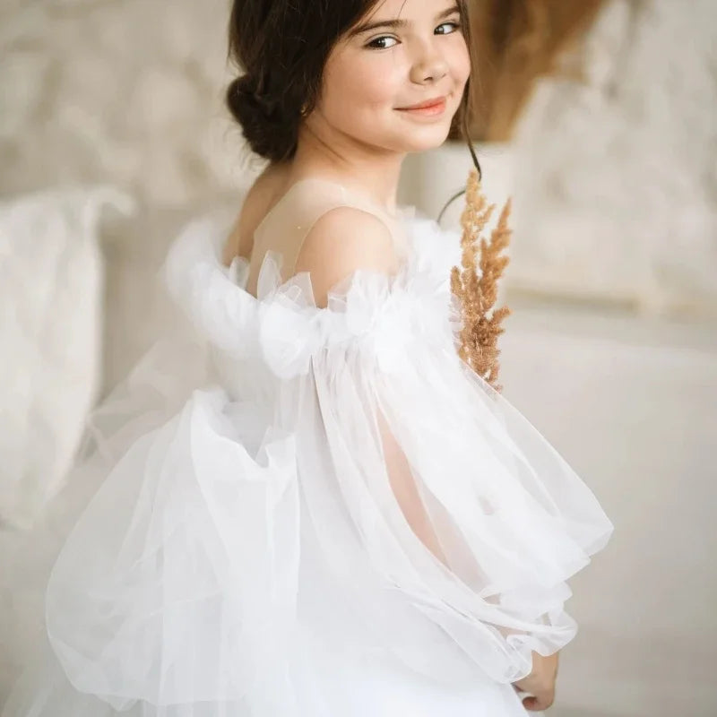 Vestido de tul blanco con lazo y flores, manga larga, para boda, fiesta de cumpleaños, banquete, princesa, niña de las flores 