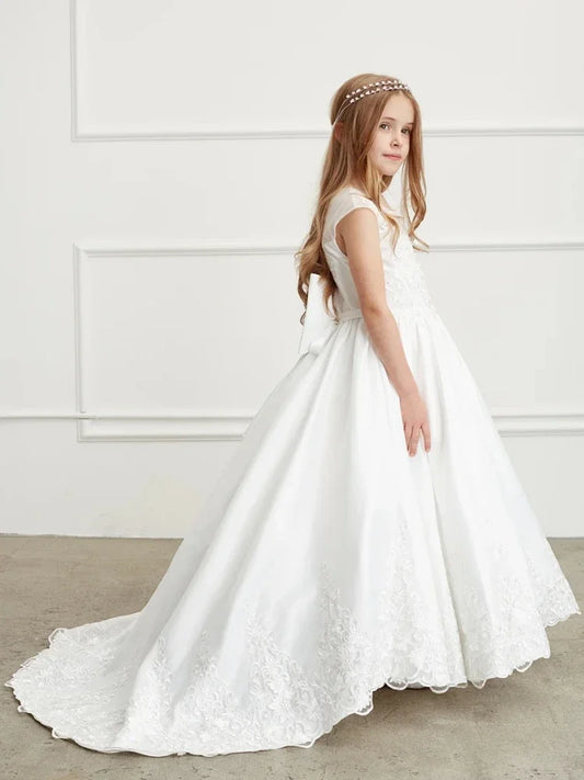 Vestidos de primera comunión para fiesta de cumpleaños, vestidos de niña de las flores con apliques de encaje blanco con lazo y cola, sin mangas para boda 
