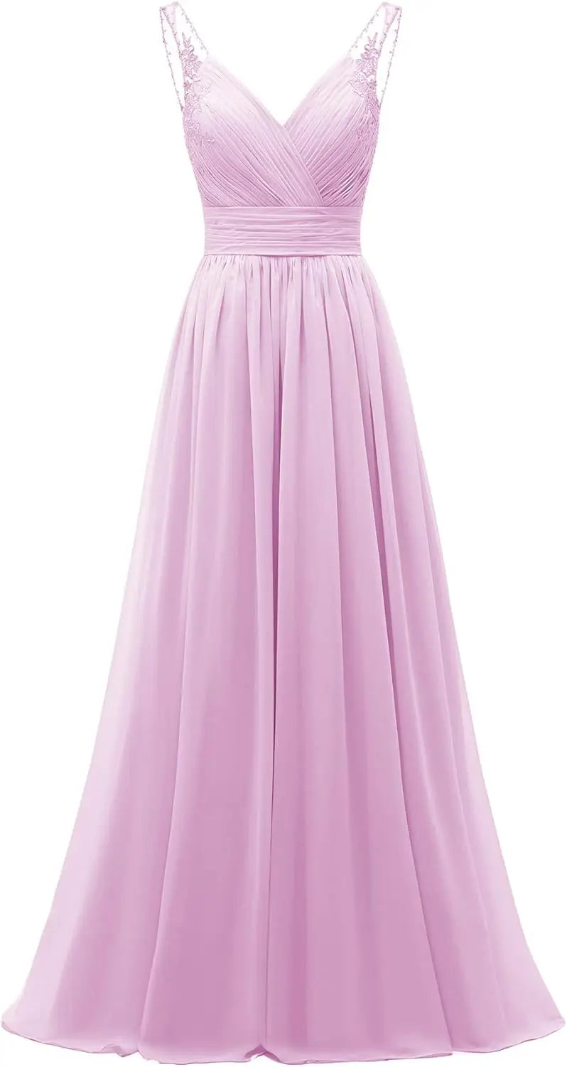 Chiffon-Spitze Brautjungfernkleider lang für Damen V-Ausschnitt Plissee Tüll Träger A-Linie Abschlussball Abend Hochzeit formelle Kleider 