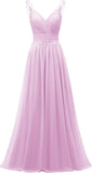 Chiffon-Spitze Brautjungfernkleider lang für Damen V-Ausschnitt Plissee Tüll Träger A-Linie Abschlussball Abend Hochzeit formelle Kleider 