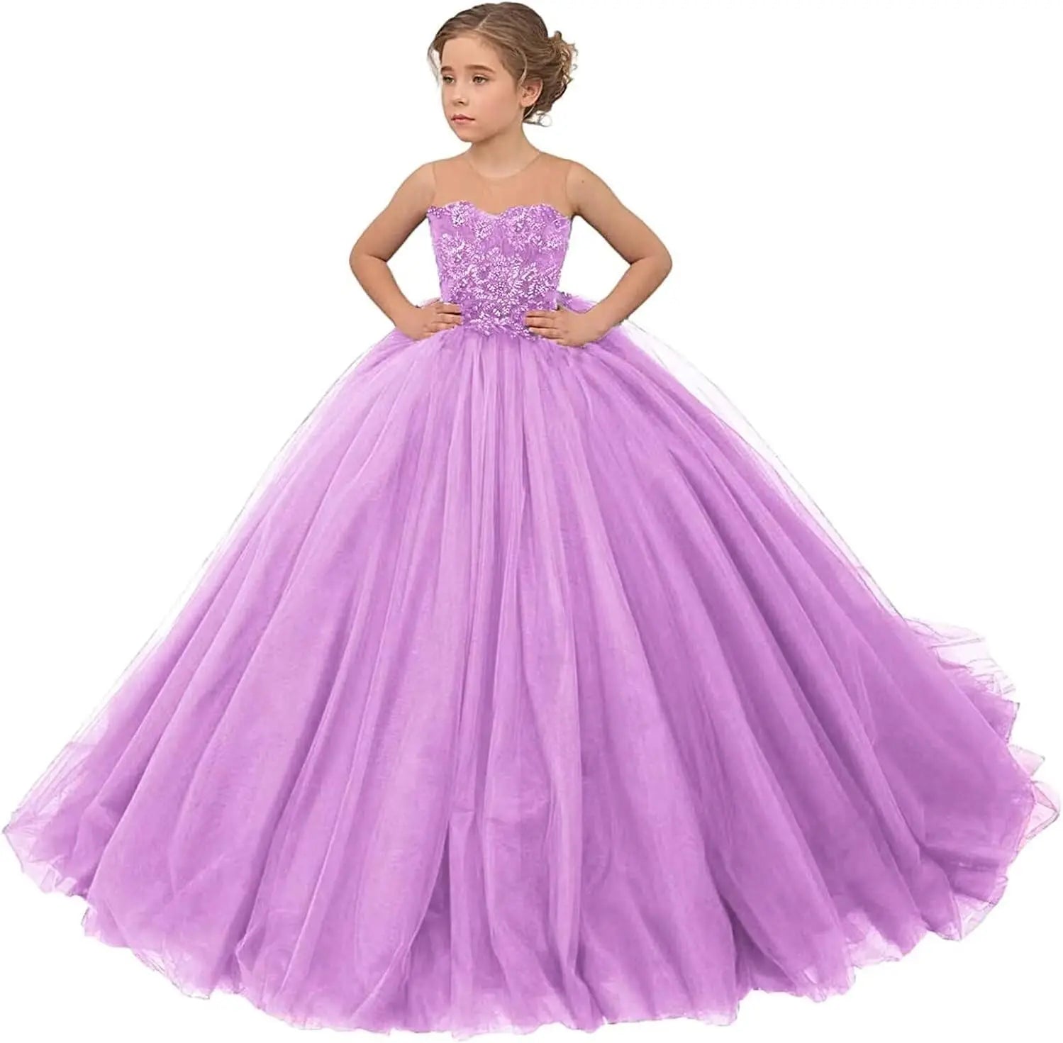 Tulle Flower Girls Dresses Lace Appliques Long Formal Princess Wedding Pageant Ball Gowns for Children