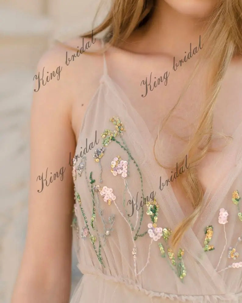 Slit bridal gown Tulle Open back party wedding dress hand embroidered sleeveless A-line bridal gown evening prom dresses