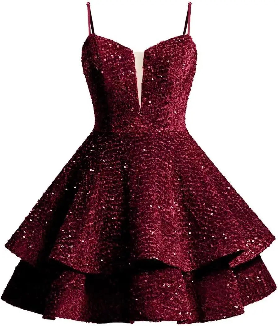 Vestidos de fiesta cortos con lentejuelas brillantes para adolescentes, de Pretty Girls Club, 2025, con tirantes finos, minivestido de cóctel formal con capas 