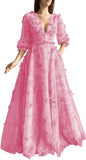Damen Ballkleid mit Puffärmeln, 3D-Schmetterling, langer V-Ausschnitt, Tüll, Ballkleid, formelles Abendkleid 