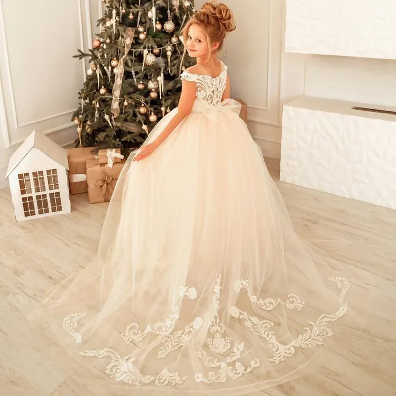 Apliques de tul blanco marfil con lazo, sin mangas, para bodas, cumpleaños, banquetes, vestidos de princesa, vestidos para niñas de las flores 