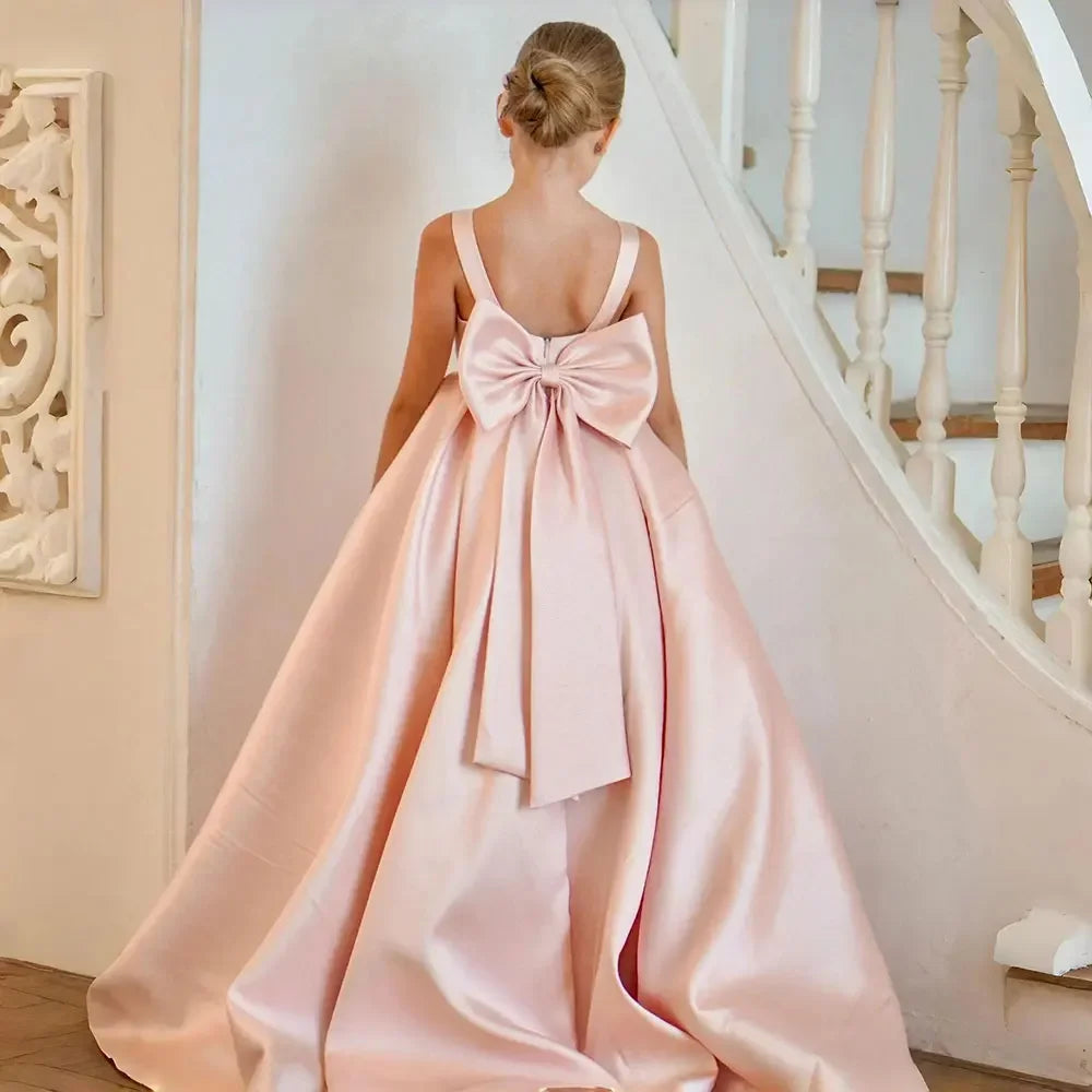 Rosa Blumenmädchen Prinzessin Kleider Festzug Kleid für Hochzeit Satin Schleife Ärmellos Kinder Baby Geburtstagsfeier Erstkommunion Kleider 