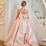 Rosa Blumenmädchen Prinzessin Kleider Festzug Kleid für Hochzeit Satin Schleife Ärmellos Kinder Baby Geburtstagsfeier Erstkommunion Kleider 