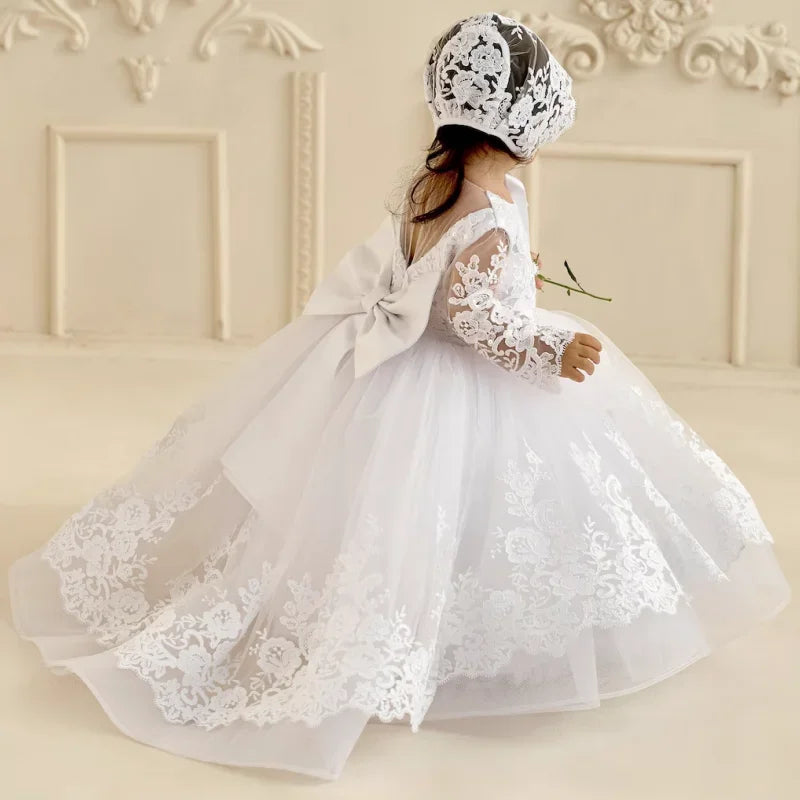Baby Taufkleider Tüll Weiß Applikationen Mit Schleife Langarm Für Hochzeit Geburtstag Heilige Kommunion Kleider Blumenmädchenkleider 