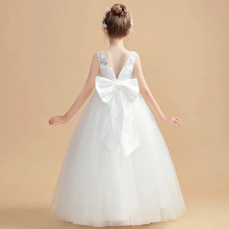 Puffy Flory With Big Bow Sleeveless For Wedding Birthday Party Holy Communion Gowns Flower Girl Dresses White Tulle