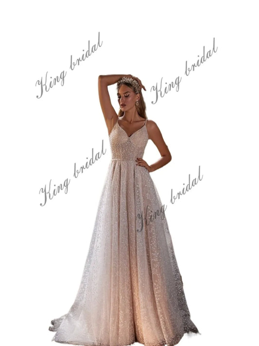 Glitzerndes Brautkleid, Kristalle besticktes A-Linien-Brautkleid, rückenfreies Brautkleid, Glitzerkleid, individuelles Brautkleid 