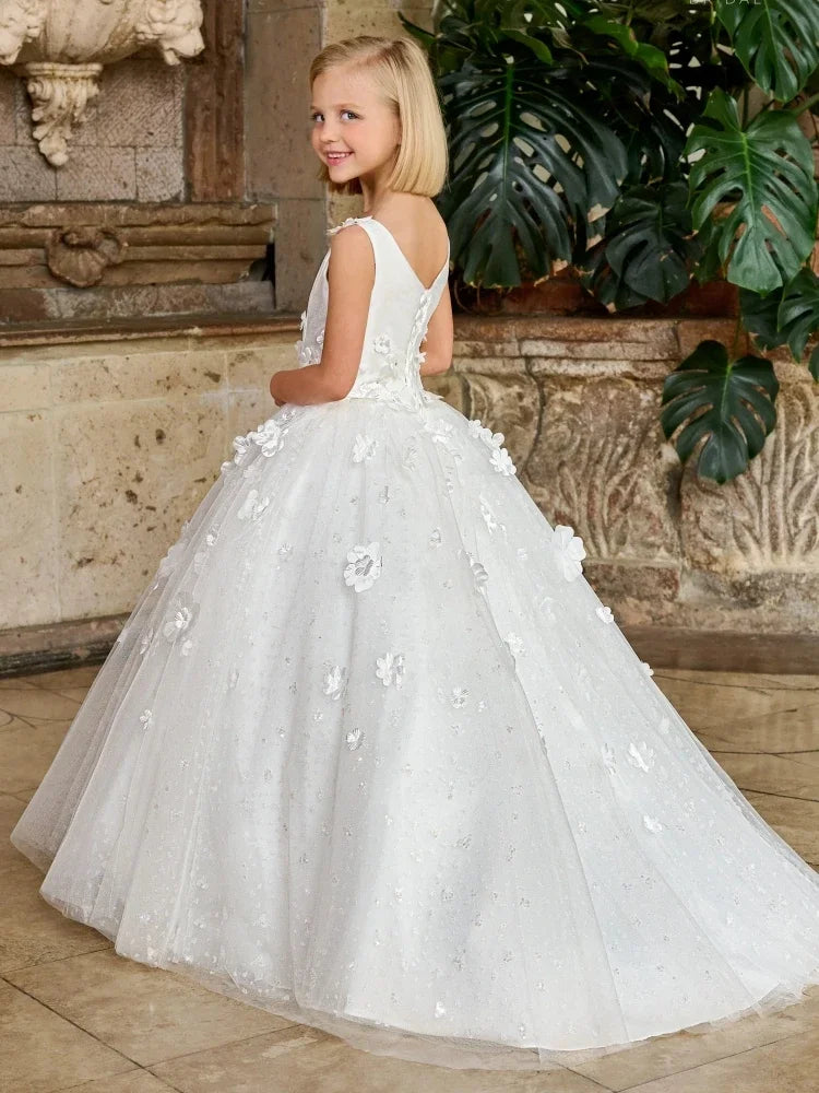 Prom Birthday Party First Communion Gowns Flower Girl Dresses White Tulle Flowers With Trailing Sleeveless For Wedding